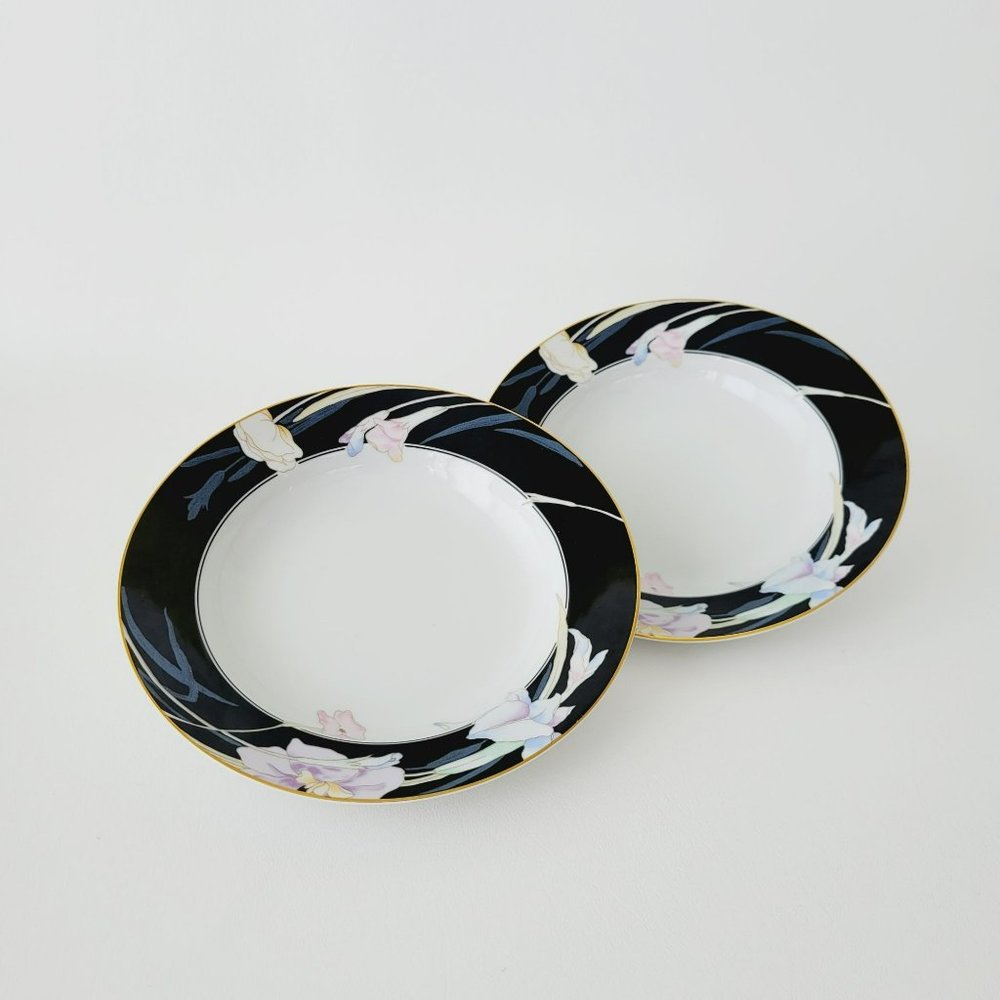 Mikasa Charisma Black Rimmed Soup Bowl (2), Retro 1980s Black, Pink, Blue Floral
